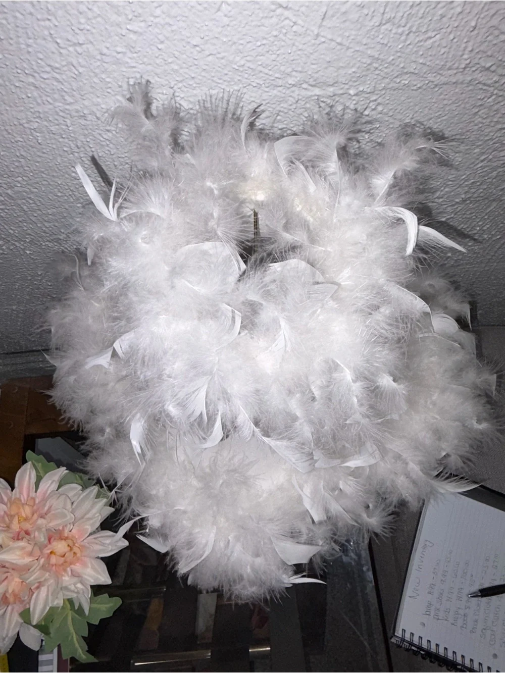 Hollywood Regency White Feather Table Nightstand Lamp Coquette Decor